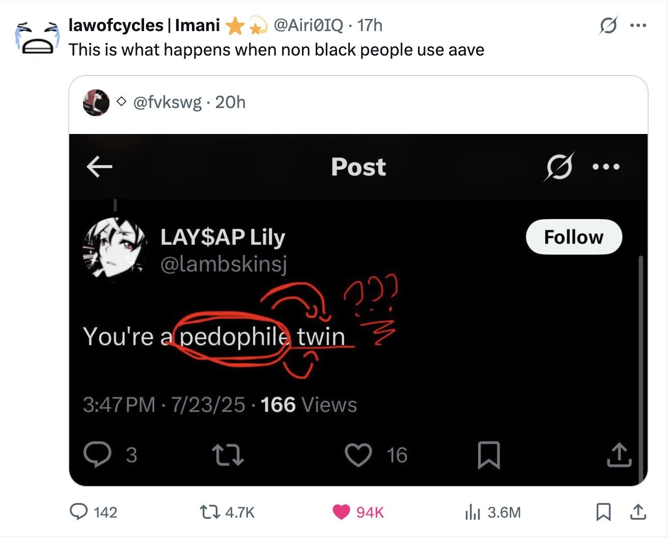 lawofcycles Imani @Airi0IQ 17h ... This is what happens when non black people use aave @fvkswg.20h Post ... LAY$AP Lily Follow @lambskinsj You're a pedophile twin 3:47 PM 7/23/25.1 166 Views 3 16 142 4.7K 94K 3.6M
