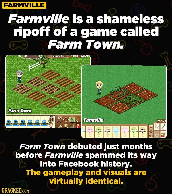 FARMVILLE Farmville F is a shameless ripoff of a game called + Farm Town. Farmer Farm LEARNING DE ROPES Farm Town Farmville Farm Town debuted just months before Farmville spammed its way into Facebook history. The gameplay and visuals are virtually identical. CRACKED.COM