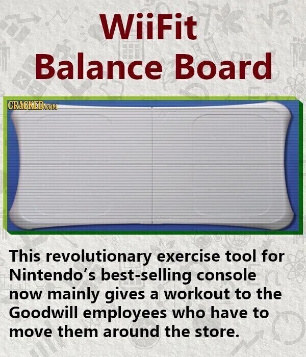 2 WiiFit x Balance Board CRACKED.COM This revolutionary exercise tool for Nintendo's best-selling console now mainly gives a workout to the Goodwill employees who have to move them around the store.