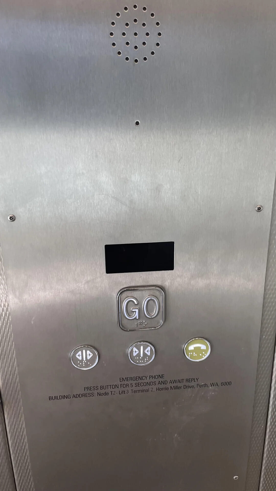 GO EMERGENCY PHONE PRESS BUTTON FOR 5 SECONDS AND AWAIT REPLY BUILDING ADDRESS: Node T2- Lift 3 Terminal 2, Horrie Miller Drive, Perth, WA, 6000