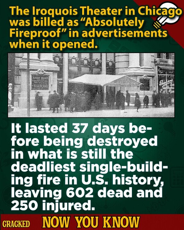 The Iroquois Theater in Chicago was billed as Absolutely Fireproof in advertisements when it opened. EVERY en NIGHT - son Then BLUEBEARD Room It lasted 37 days be- fore being destroyed in what is still the deadliest single-build- ing fire in U.S. history, leaving 602 dead and 250 injured. CRACKED NOW YOU KNOW