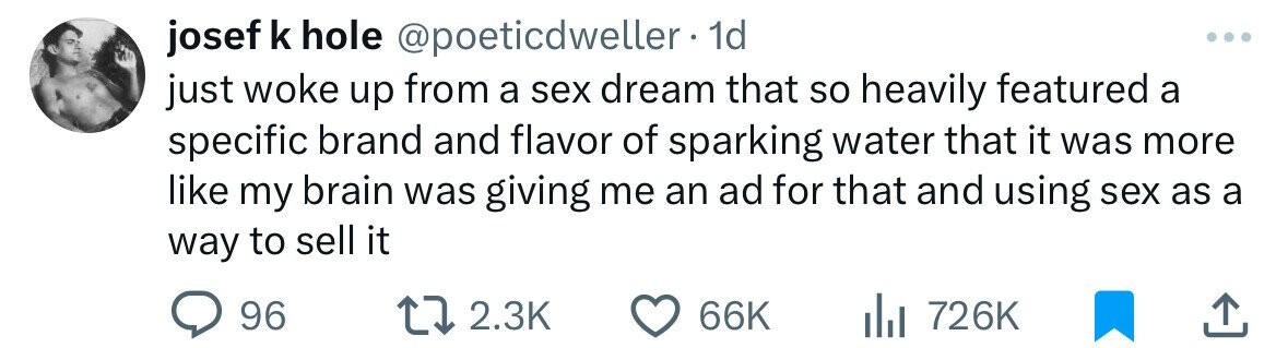 josef k hole @poeticdweller.1 1d ... just woke up from a sex dream that so heavily featured a specific brand and flavor of sparking water that it was more like my brain was giving me an ad for that and using sex as a way to sell it 96 2.3K 66K 726K