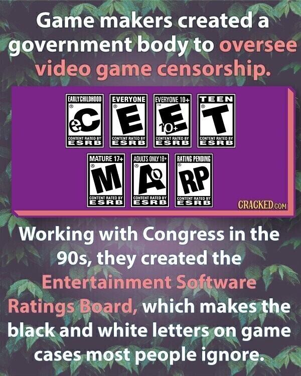 Game makers created a government body to oversee video game censorship. EARLY CHILDHOOD EVERYONE EVERYONE 10+ TEEN ® . ® T - E ee E CONTENT RATED BY CONTENT RATED BY CONTENT RATED BY CONTENT RATED BY ESRB ESRB ESRB ESRB MATURE 17+ ADULTS ONLY 18+ RATING PENDING M ® A RP CONTENT RATED BY CONTENT RATED BY CONTENT RATED BY ESRB ESRB ESRB CRACKED.COM Working with Congress in the 90s, they created the Entertainment Software Ratings Board, which makes the black and white letters on game cases most people ignore.