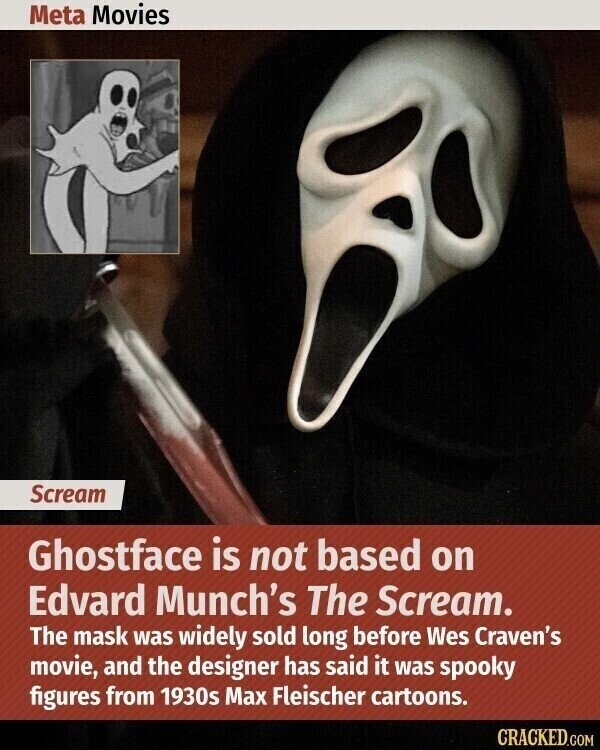 Meta Movies Scream Ghostface is not based on Edvard Munch's The Scream. The mask was widely sold long before Wes Craven's movie, and the designer has said it was spooky figures from 1930s Max Fleischer cartoons. CRACKED.COM