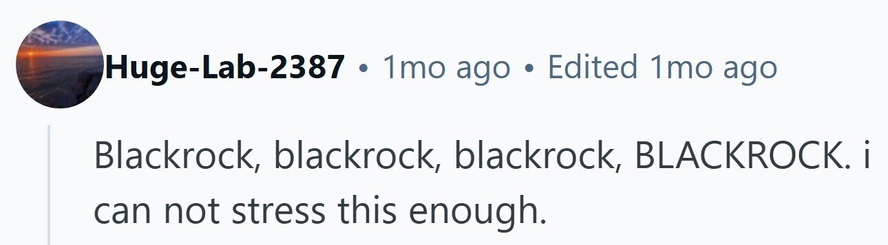 Huge-Lab-2387 . 1mo ago . Edited 1mo ago Blackrock, blackrock, blackrock, BLACKROCK.i can not stress this enough. 