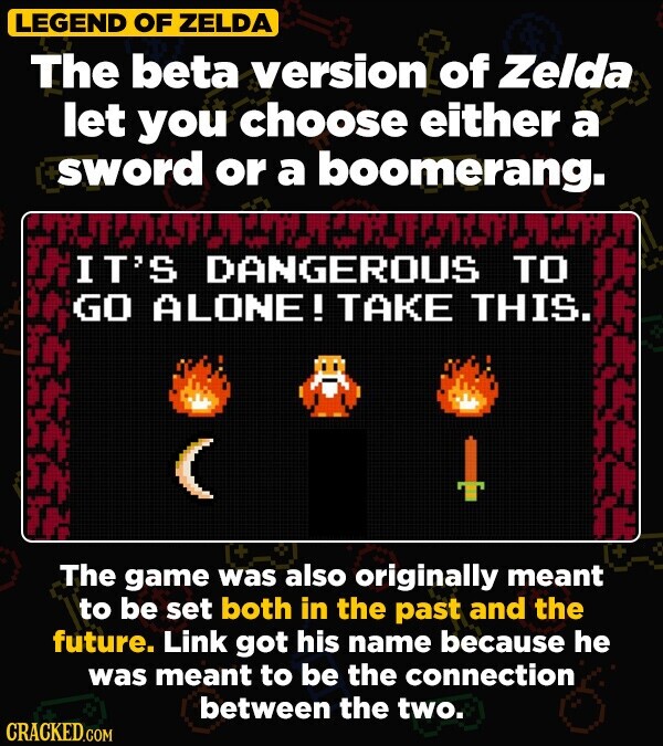 LEGEND OF ZELDA The beta version of Zelda let you choose either a sword or a boomerang. IT'S DANGEROUS TO GO ALONE! TAKE THIS. The game was also originally meant to be set both in the past and the future. Link got his name because he was meant to be the connection between the two. CRACKED.COM