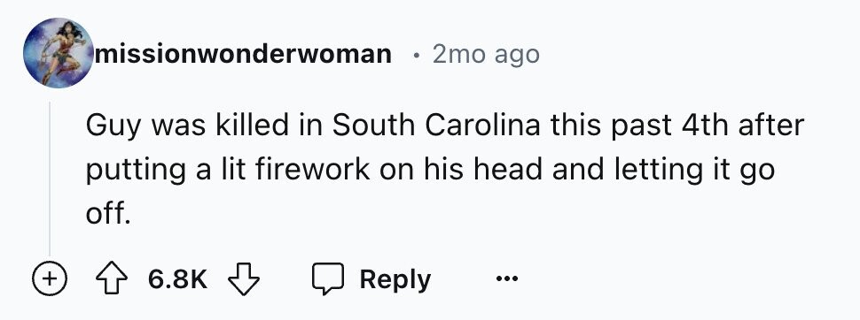 missionwonderwoman 2mo ago Guy was killed in South Carolina this past 4th after putting a lit firework on his head and letting it go off. + 6.8K Reply ...