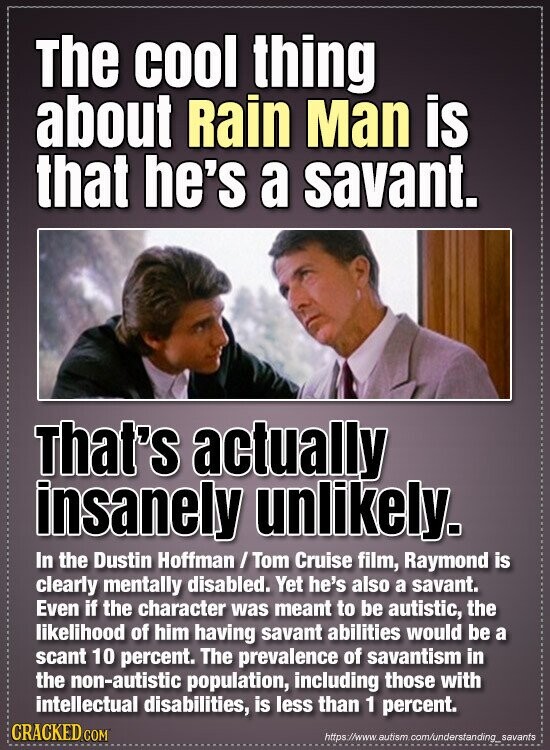 The cool thing about Rain Man is that he's a savant. That's actually insanely unlikely. In the Dustin Hoffman / Tom Cruise film, Raymond is clearly mentally disabled. Yet he's also a savant. Even if the character was meant to be autistic, the likelihood of him having savant abilities would be a scant 10 percent. The prevalence of savantism in the non-autistic population, including those with intellectual disabilities, is less than 1 percent. GRACKED COM https://www. autism .com/understanding savants