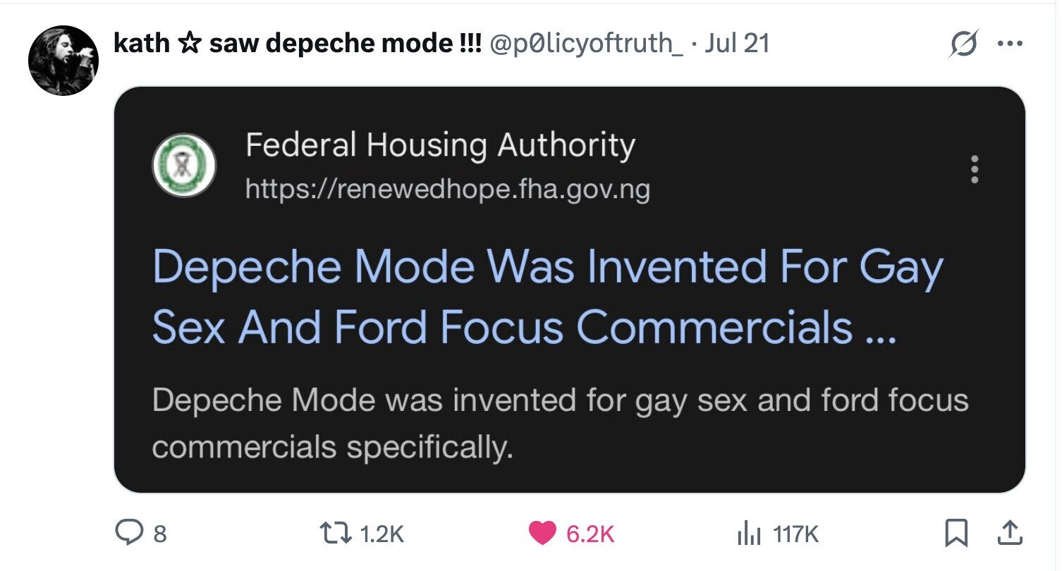 kath saw depeche mode !!! @p@licyoftruth_.Jul 21 ... NIKE Federal Housing Authority O https://renewedhope.fha.gov.ng Depeche Mode Was Invented For Gay Sex And Ford Focus Commercials... Depeche Mode was invented for gay sex and ford focus commercials specifically. 8 1.2K 6.2K del 117K