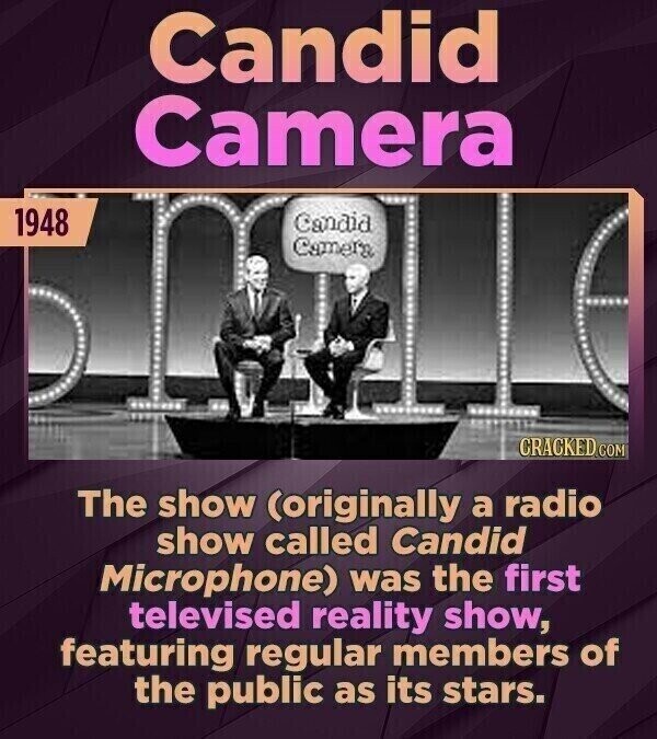 Candid Camera 1948 Candia Camela CRACKED COM The show (originally a radio show called Candid Microphone) was the first televised reality show, featuring regular members of the public as its stars.