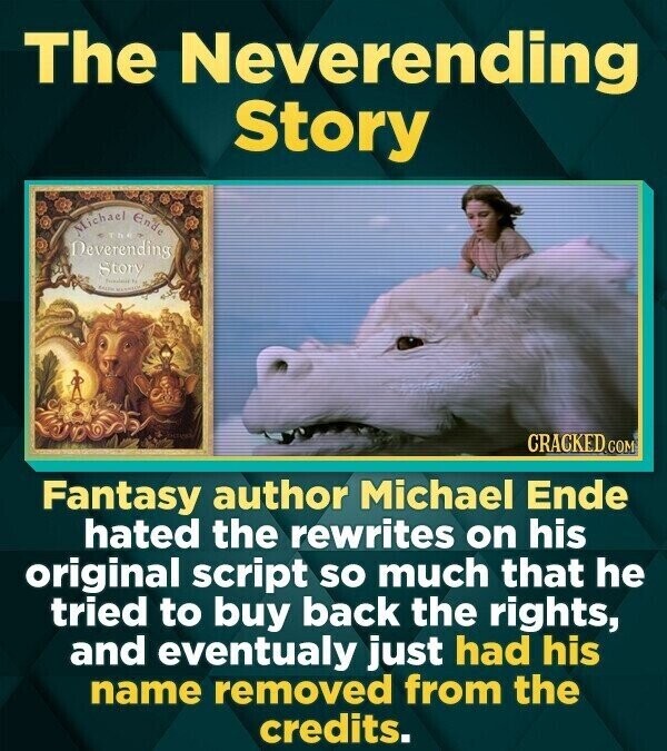 The Neverending Story Michael The Ende Deverending Story Foundation CALE CRACKED.COM Fantasy author Michael Ende hated the rewrites on his original script so much that he tried to buy back the rights, and eventualy just had his name removed from the credits.
