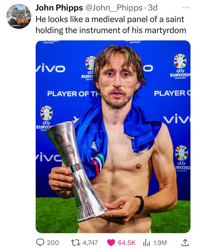 John Phipps @John_Phipps 3d ... Не looks like a medieval panel of a saint holding the instrument of his martyrdom GERMANY GERMANY vivo O EURO2024 EURO GERMANY GERM PLAYER OF T PLAYER O viv EURO20 GER N EURO20242 ivo O URO202 GERMANY 200 4,747 64.5K 1.9M 