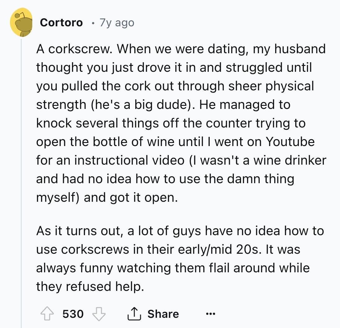Cortoro 7y ago A corkscrew. When we were dating, my husband thought you just drove it in and struggled until you pulled the cork out through sheer physical strength (he's a big dude). Не managed to knock several things off the counter trying to open the bottle of wine until I went on Youtube for an instructional video (I wasn't a wine drinker and had no idea how to use the damn thing myself) and got it open. As it turns out, a lot of guys have no idea how to use corkscrews in their early/mid 20s. It was always 