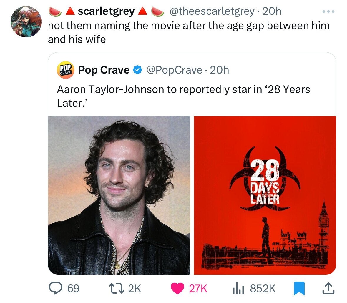 scarletgrey @theescarletgrey.20h ... not them naming the movie after the age gap between him and his wife POP CRAVE Pop Crave @PopCrave.20h Aaron Taylor-Johnson to reportedly star in '28 Years Later.' 28 DAYS LATER 69 2K 27K 852K 