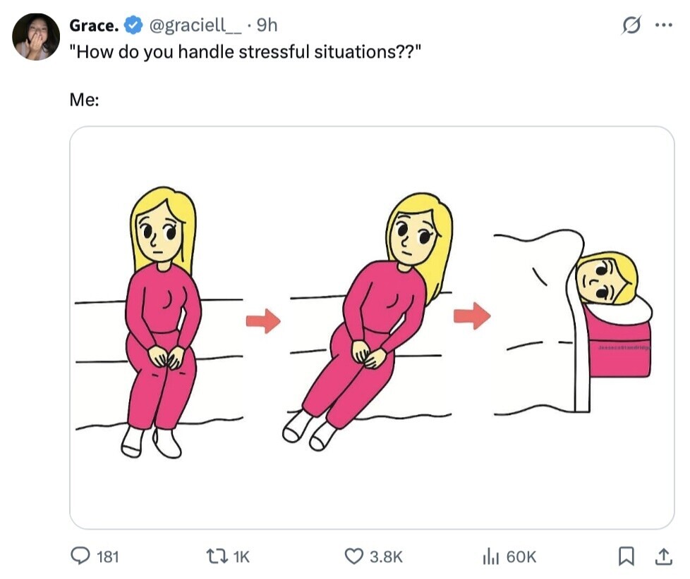 Grace. @graciell_ . 9h G ... How do you handle stressful situations?? Me: 181 1K 3.8K 60K 