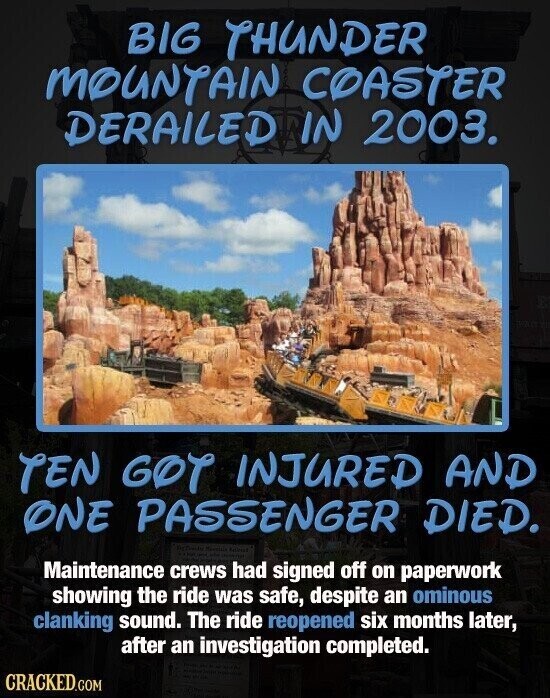 BIG THUNDER MOUNTAIN COASTER DERAILED IN 2003. TEN GOT INJURED AND ONE PASSENGER DIED. - Maintenance crews - had signed off on paperwork showing the ride was safe, despite an ominous clanking sound. The ride reopened six months later, after an investigation completed. CRACKED.COM