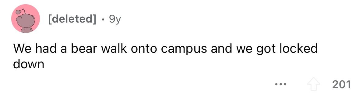 • 9y We had a bear walk onto campus and we got locked down ... 201