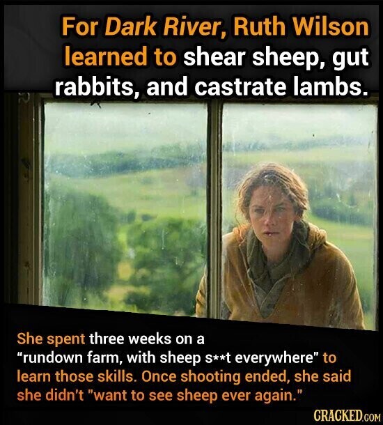 For Dark River, Ruth Wilson learned to shear sheep, gut rabbits, and castrate lambs. She spent three weeks on a rundown farm, with sheep S**t everywhere to learn those skills. Once shooting ended, she said she didn't want to see sheep ever again. CRACKED.COM