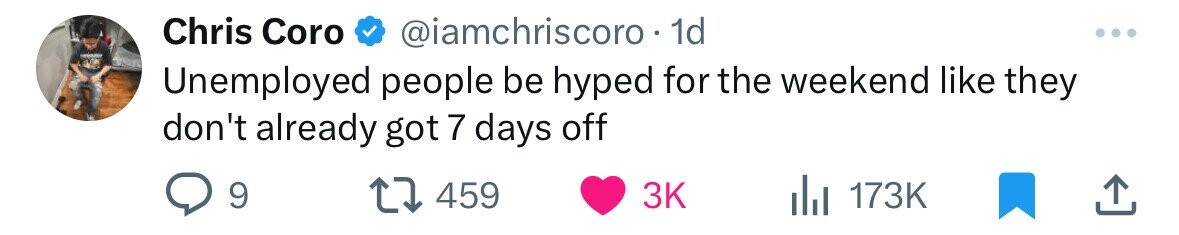 Chris Coro @iamchriscoro 1d - Unemployed people be hyped for the weekend like they don't already got 7 days off 9 459 3K 173K 