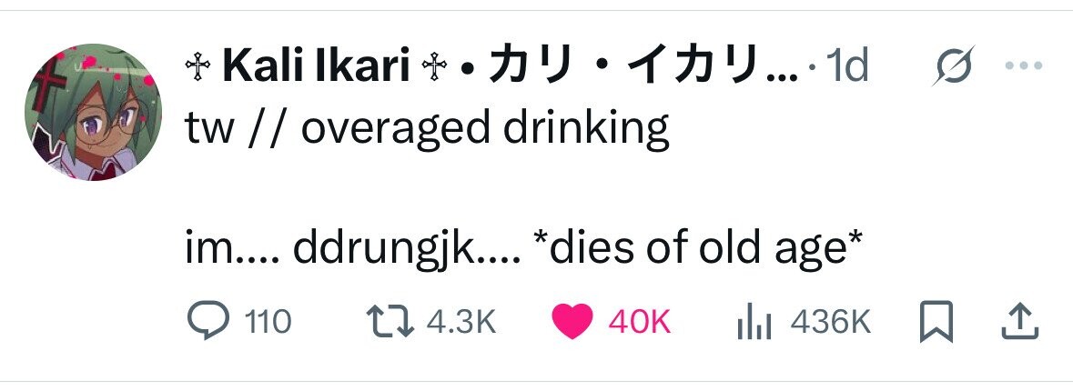 Kali Ikari ....1 1d s ... tw // overaged drinking im.... ddrungjk.... *dies of old age* 110 4.3K 40K del 436K 