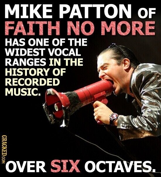 MIKE PATTON OF FAITH NO MORE HAS ONE OF THE WIDEST VOCAL RANGES IN THE HISTORY OF RECORDED MUSIC. CRACKED.COM OVER SIX OCTAVES.