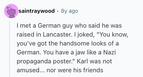 saintraywood . 8y ago I met a German guy who said he was raised in Lancaster. I joked, You know, you've got the handsome looks of a German. You have a jaw like a Nazi propaganda poster. Karl was not amused... nor were his friends