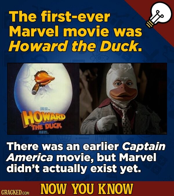 The first-ever Marvel movie was Howard the Duck. HOWARD was THE DUCK There was an earlier Captain America movie, but Marvel didn't actually exist yet. NOW YOU KNOW CRACKED.COM
