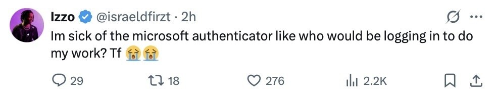Izzo @israeldfirzt.2 2h ... Im sick of the microsoft authenticator like who would be logging in to do my work? Tf 29 18 276 2.2K 