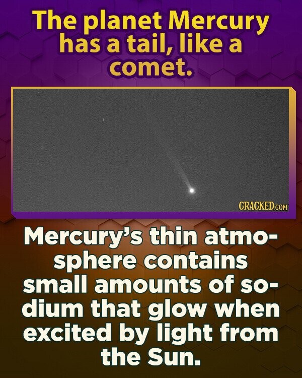 The planet Mercury has a tail, like a comet. CRACKED.COM Mercury's thin atmo- sphere contains small amounts of so- dium that glow when excited by light from the Sun.