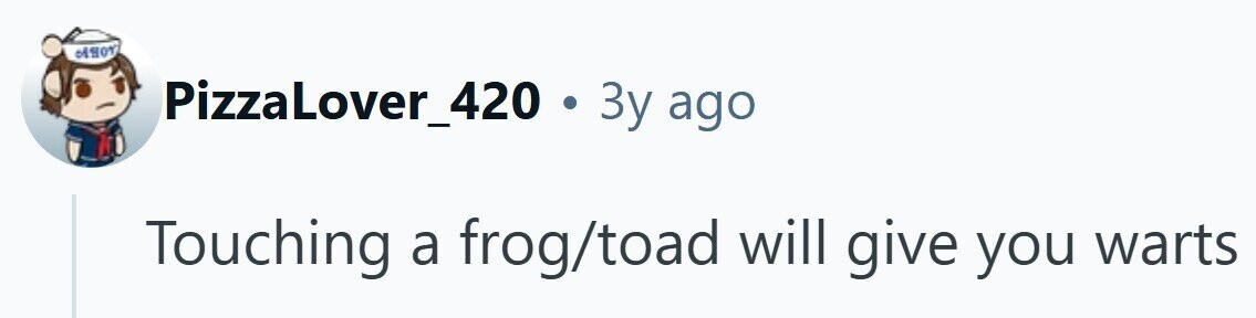 PizzaLover_420 . 3y ago Touching a frog/toad will give you warts
