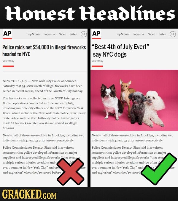 Honest Headlines AP AP Top Stories Topics Video Listen Top Stories Topics Video Listen Police raids net $54,000 in illegal fireworks Best 4th of july Ever! headed to NYC say NYC dogs yesterday yesterday NEW YORK New York City Police announced Saturday that $54,000 worth of illegal fireworks have been seized in recent weeks, ahead of the Fourth of July holiday. The fireworks were collected in three NYPD Intelligence Bureau operations conducted June and early July involving multiple city offices and the NYC Fireworks Task Force, which includes the New York State Police, New Jersey State Police and the Port Authority Police.