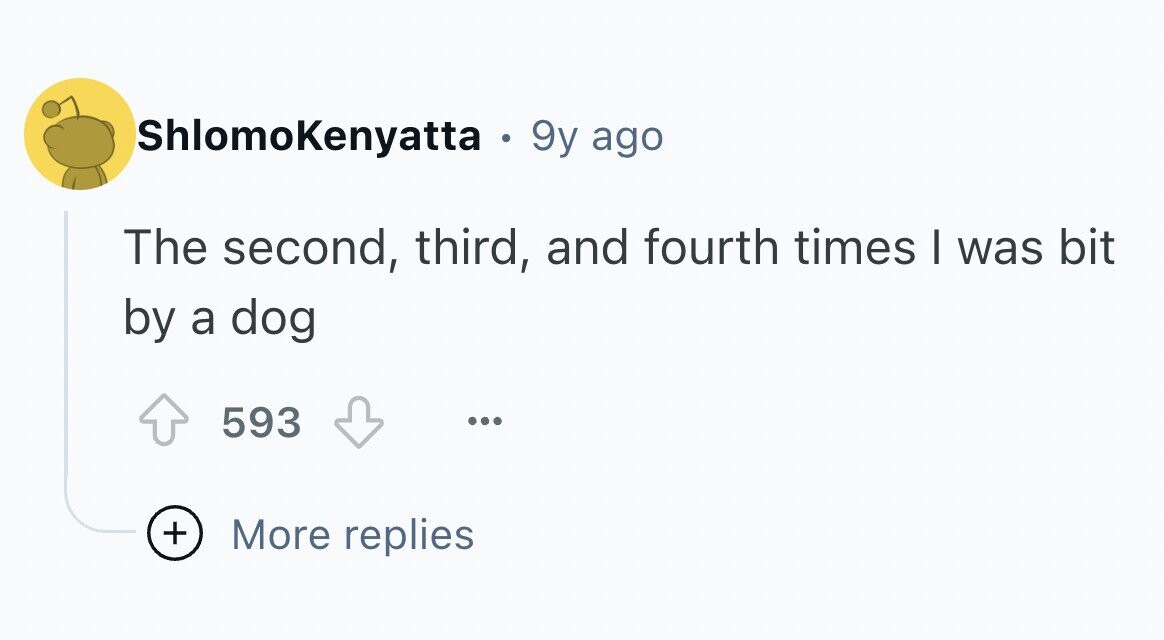 ShlomoKenyatta 9y ago The second, third, and fourth times I was bit by a dog 593 ... + More replies
