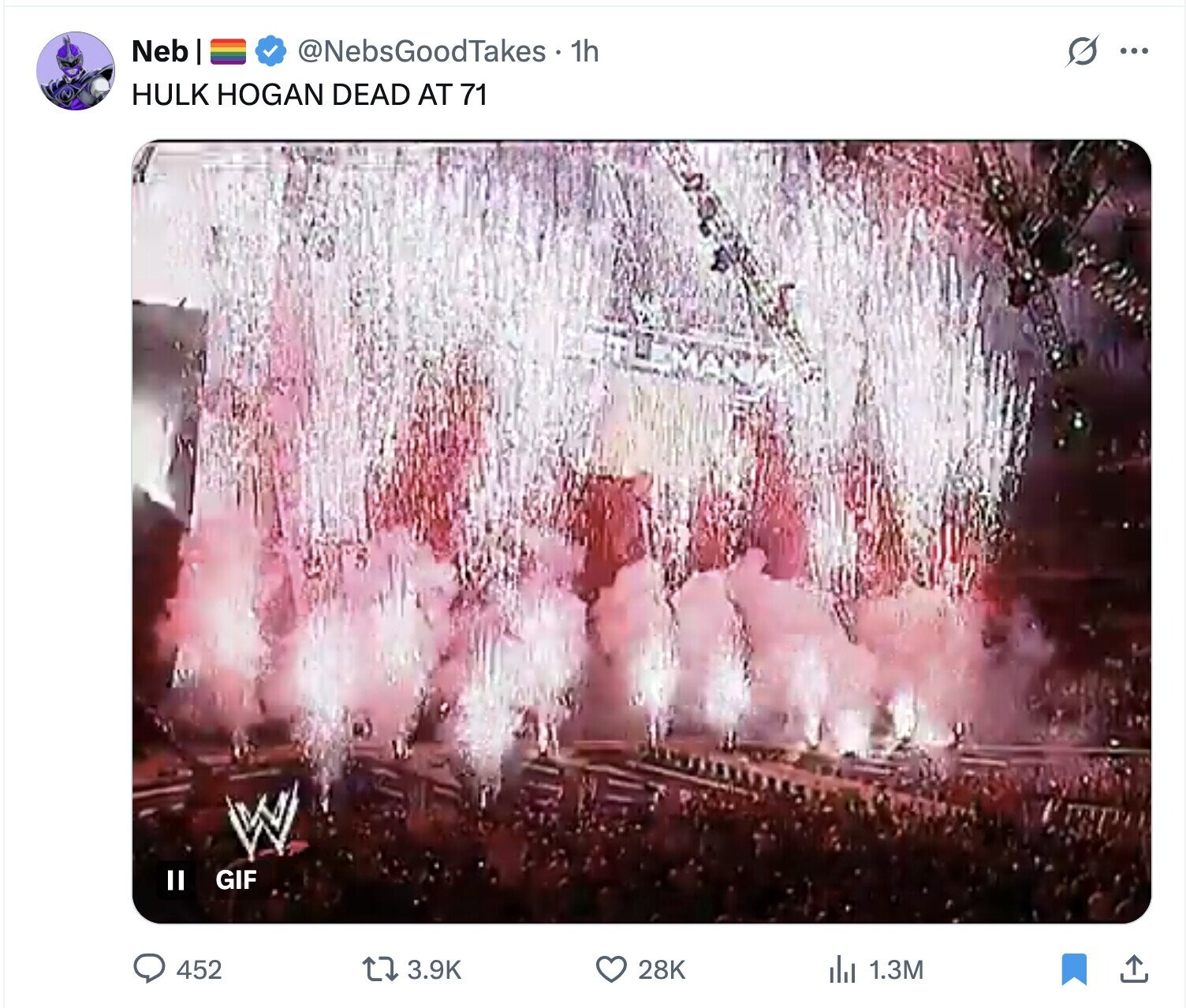 Neb @NebsGoodTakes . 1h s ... HULK HOGAN DEAD AT 71 W II GIF 452 3.9K 28K del 1.3M