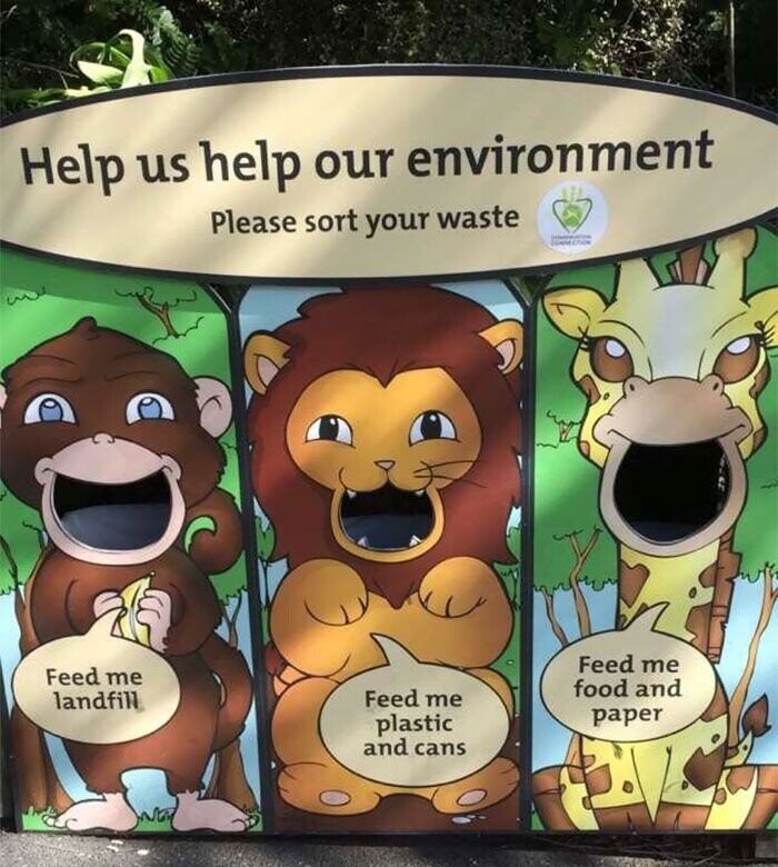 Help us help our environment Please sort your waste - Feed me Feed me food and Feed me landfill paper plastic and cans