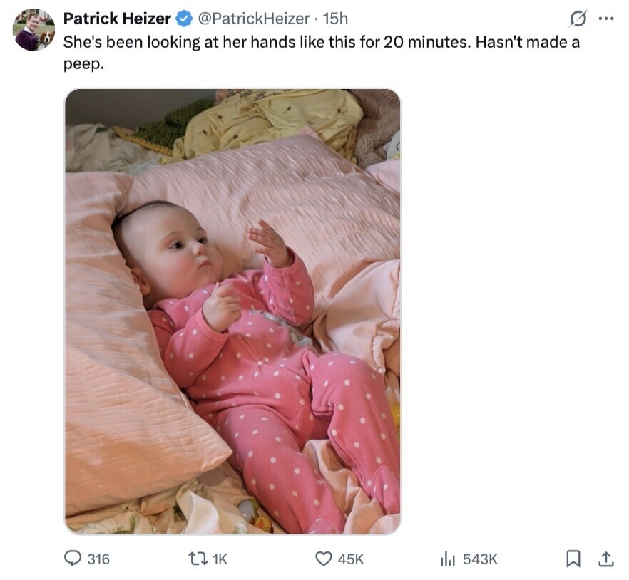 Patrick Heizer @PatrickHeizer 15h s ... She's been looking at her hands like this for 20 minutes. Hasn't made a peep. 316 1K 45K 543K 