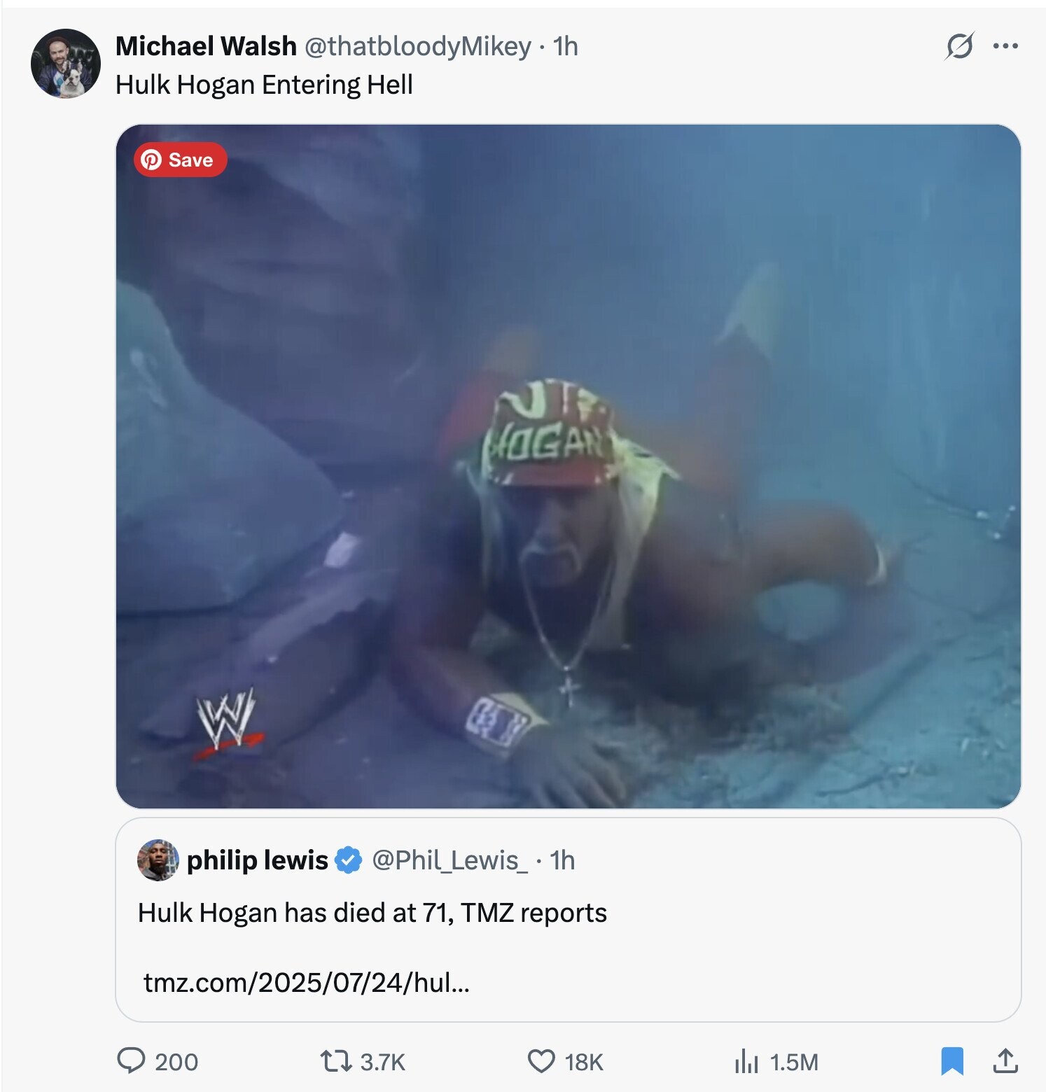 Michael Walsh @thatbloodyMikey.th s ... Hulk Hogan Entering Hell P Save JOGAN W @Phil_Lewis_ 1h philip lewis Hulk Hogan has died at 71, TMZ reports tmz.com/2025/07/24/hul... 18K 200 3.7K del 1.5M