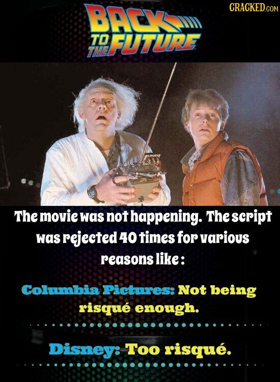 CRACKED.COM BACK THE TO FUTURE The movie was not happening. The script was rejected 40 times for various reasons like: Columbia Pictures: Not being risqué enough. Disney: Too risqué.
