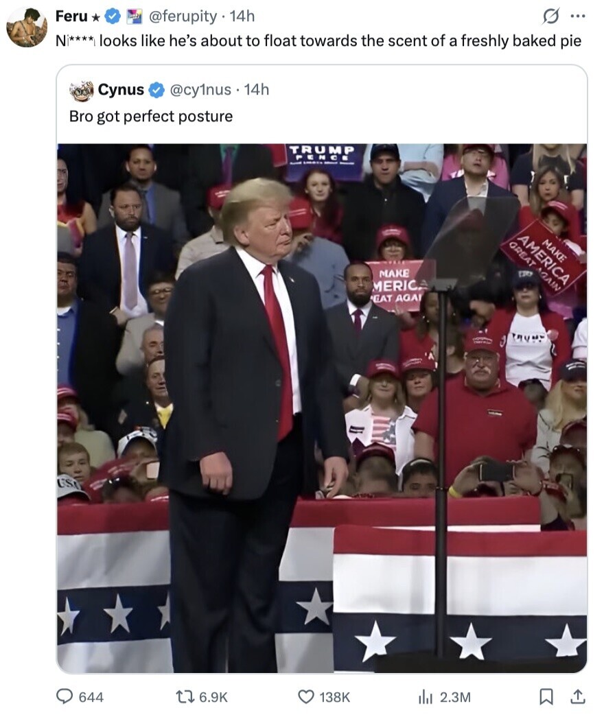 Feru @ferupity 14h ... Ni**** looks like he's about to float towards the scent of a freshly baked pie Cynus @cy1nus. 14h Bro got perfect posture TRUMP FC NCE AMERICA MAKE GREAT AGAIN MAKE ETC MERIC. EAT AGAI HOT USA 644 6.9K 138K del 2.3M 