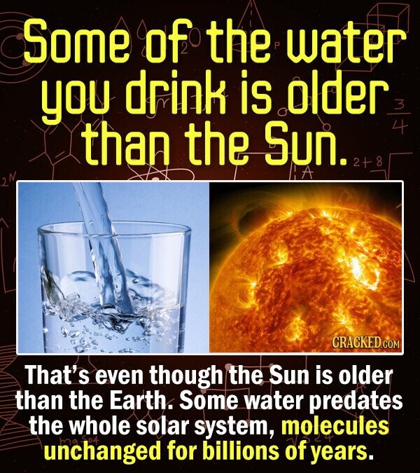 Some of the water you drink is older than the Sun. 4 2+8 CRACKED COM That's even though the Sun is older than the Earth. Some water predates the whole solar system, molecules unchanged for billions Of years.