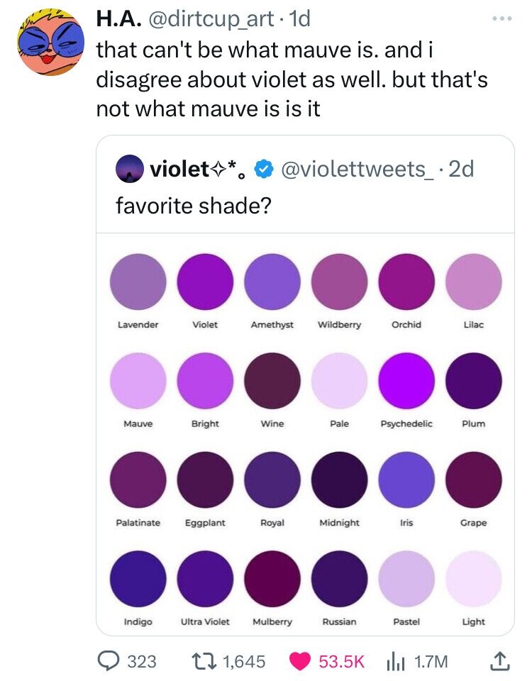 Н.А. @dirtcup_art. 1d that can't be what mauve is. and i disagree about violet as well. but that's not what mauve is is it violet @violettweets_.2d favorite shade? Lavender Violet Amethyst Wildberry Orchid Lilac Mauve Bright Wine Pale Psychedelic Plum Palatinate Eggplant Royal Midnight Iris Grape Indigo Ultra Violet Mulberry Russian Pastel Light 323 1,645 53.5K 1.7M