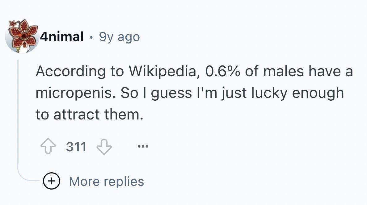 4nimal . 9y ago According to Wikipedia, 0.6% of males have a micropenis. So I guess I'm just lucky enough to attract them. 311 ... + More replies