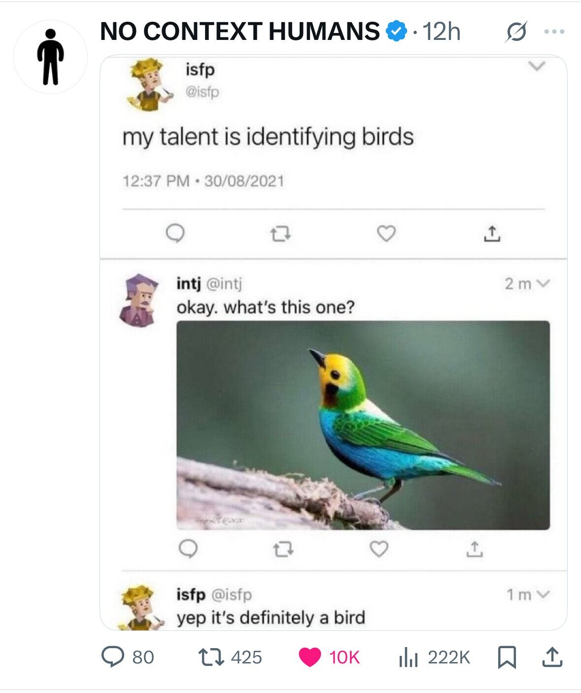 NO CONTEXT HUMANS 12h ... isfp @isfp my talent is identifying birds 12:37 PM 30/08/2021 intj @intj 2m okay. what's this one? Carpe isfp @isfp 1mv yep it's definitely a bird 80 425 10K 222K 