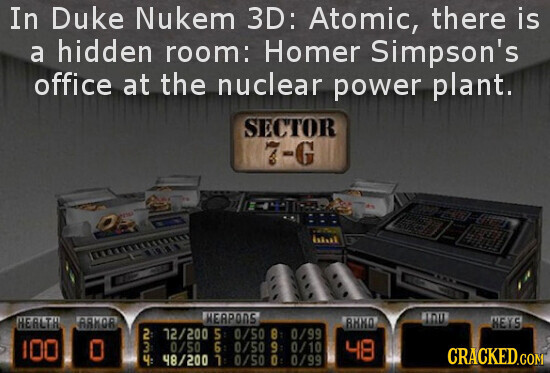 In Duke Nukem 3D: Atomic, there is a hidden room: Homer Simpson's office at the nuclear power plant. SECTOR 7-G HERPONS ILU HEALTH ARKOR NEYS ВИНО 72/200 5: 0/50 8: 0/99 100 0 0/50 6: 0/50 9: 0/10 48 CRACKED.COM Wي 48/200 1: 0/50 0 0/99