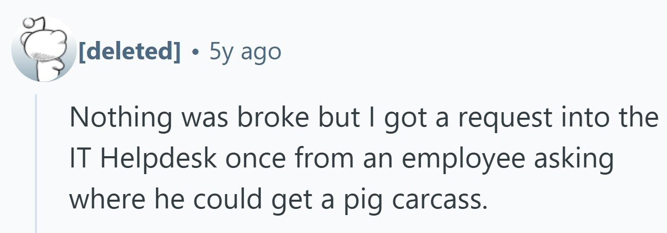  . 5y ago Nothing was broke but I got a request into the IT Helpdesk once from an employee asking where he could get a pig carcass. 
