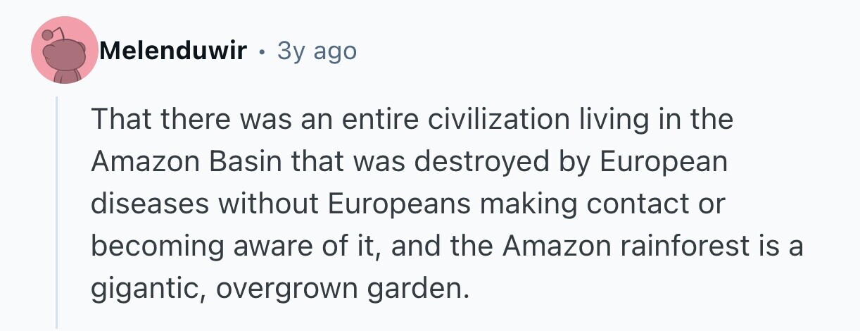 Melenduwir . Зу ago That there was an entire civilization living in the Amazon Basin that was destroyed by European diseases without Europeans making contact or becoming aware of it, and the Amazon rainforest is a gigantic, overgrown garden.