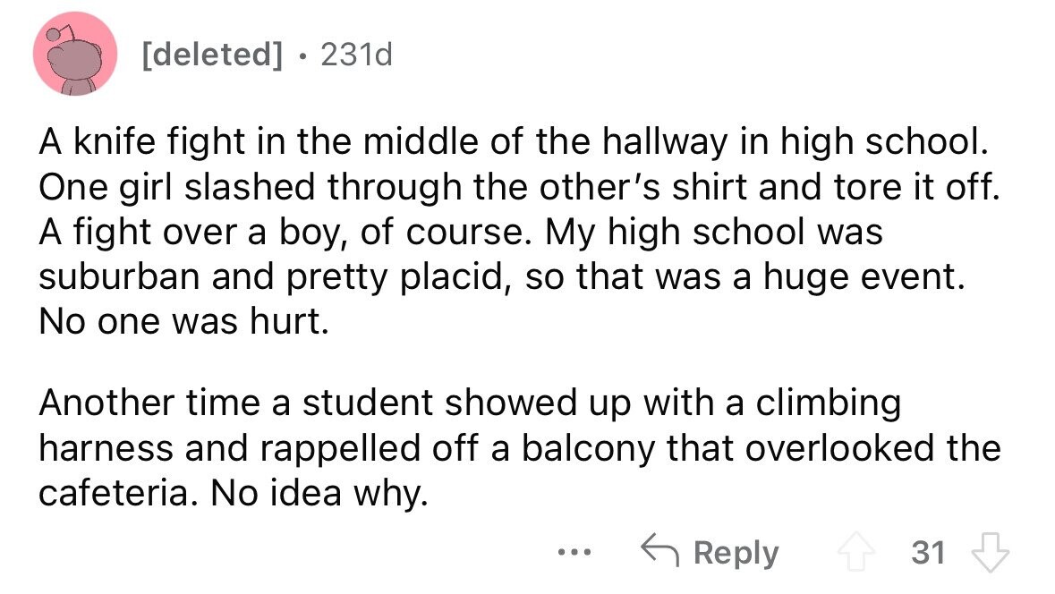 231d A knife fight in the middle of the hallway in high school. One girl slashed through the other's shirt and tore it off. A fight over a boy, of course. My high school was suburban and pretty placid, so that was a huge event. No one was hurt. Another time a student showed up with a climbing harness and rappelled off a balcony that overlooked the cafeteria. No idea why. ... Reply 31