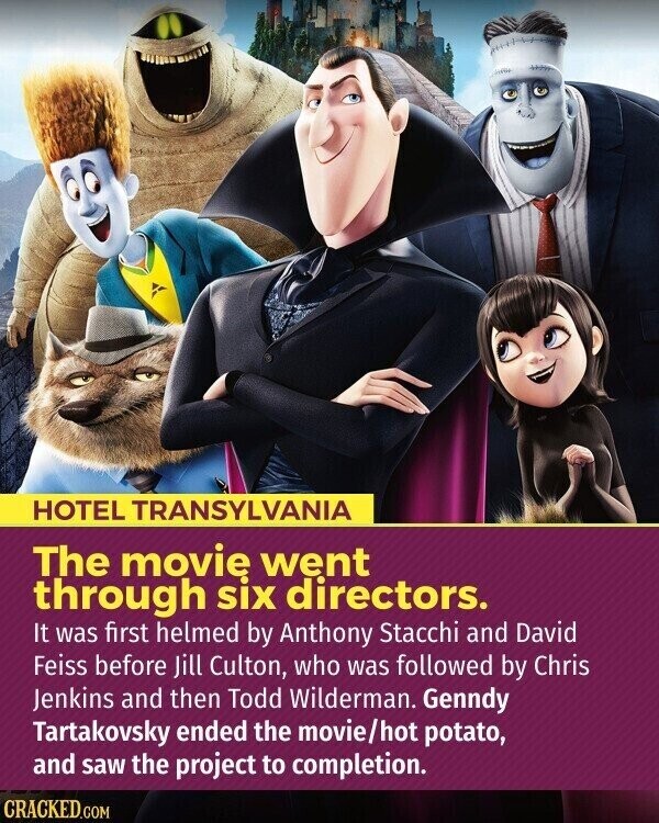 HOTEL TRANSYLVANIA The movie went through six directors. It was first helmed by Anthony Stacchi and David Feiss before Jill Culton, who was followed by Chris Jenkins and then Todd Wilderman. Genndy Tartakovsky ended the movie/hot potato, and saw the project to completion. CRACKED.COM