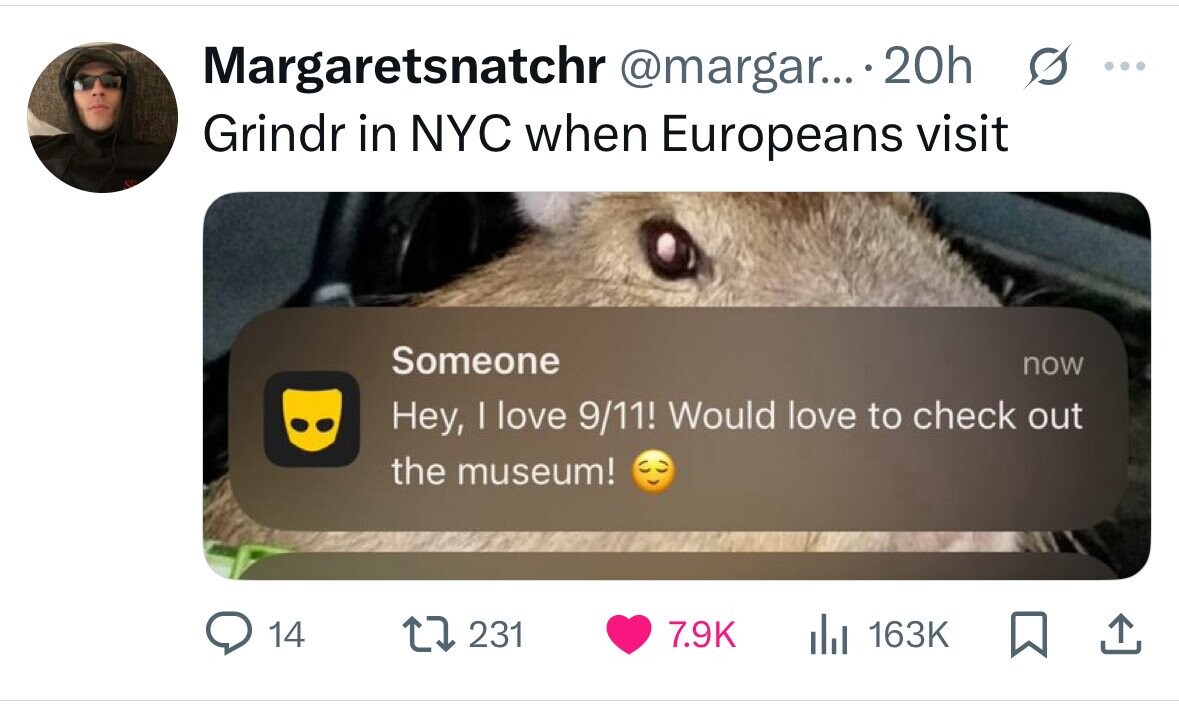 Margaretsnatchr @margar... 20h s ... Grindr in NYC when Europeans visit Someone now Hey, | love 9/11! Would love to check out the museum! 14 231 7.9K del 163K 