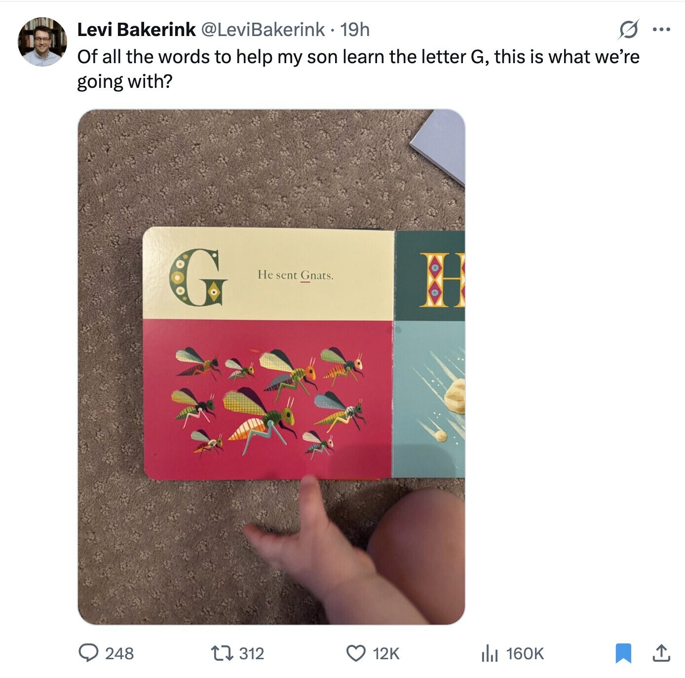 Levi Bakerink @LeviBakerink. 19h ... Of all the words to help my son learn the letter G, this is what we're going with? G Не sent Gnats. H 312 12K 160K 248 