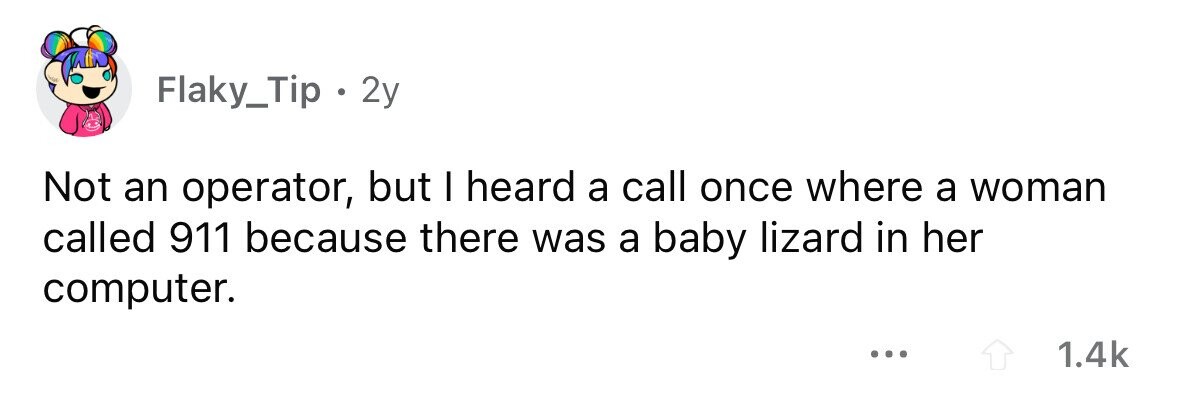 Flaky_Tip . 2y Not an operator, but I heard a call once where a woman called 911 because there was a baby lizard in her computer. ... 1.4k